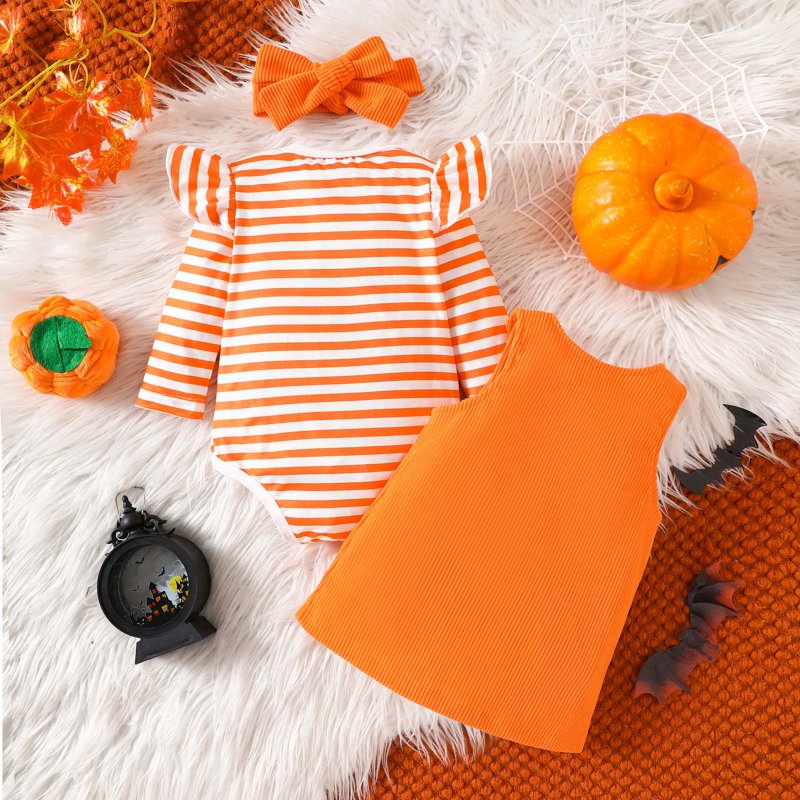 Baby Girl Halloween Outfit Pumpkin Romper Skirt Set with Headband - A14-Orange, 9-12 Months