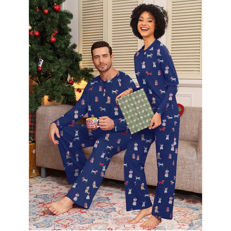 Christmas Couple Pajama Sets - Blue Dog Pattern, XL, Festive Sleepwear