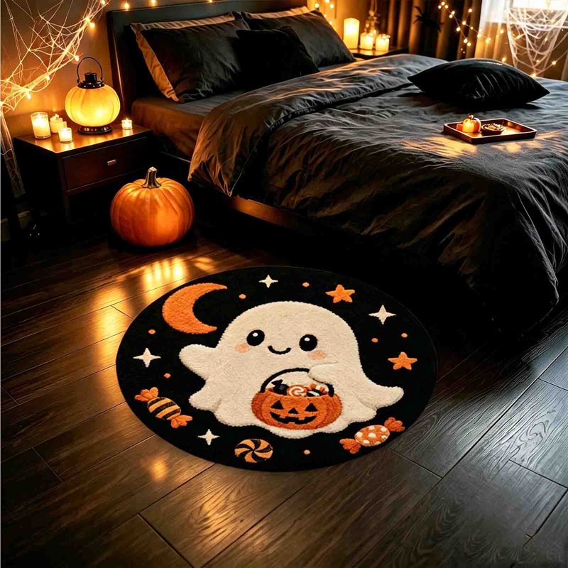 Halloween Ghost Doormat 23.62in Diameter Non-Slip Water-Absorbing Indoor Welcome Mat - Black