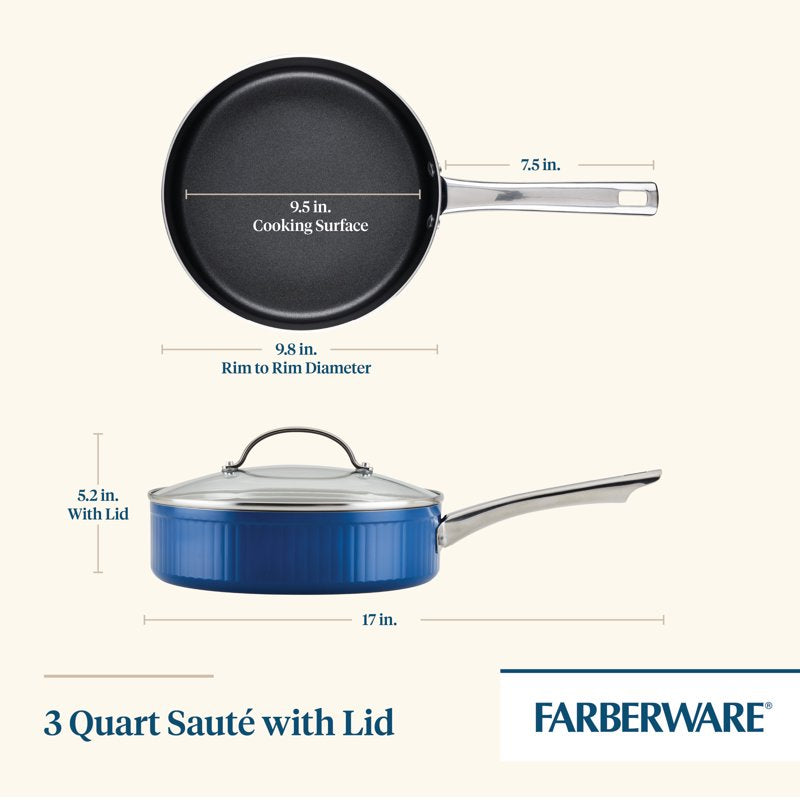 3 Quart Nonstick Saute Pan with Glass Lid - Oven & Dishwasher Safe, Blue