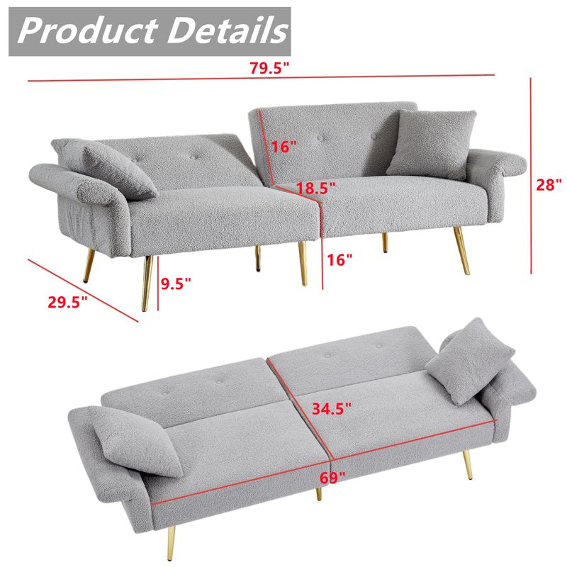 79" Convertible Futon Sofa Bed with Adjustable Arm & Pillows