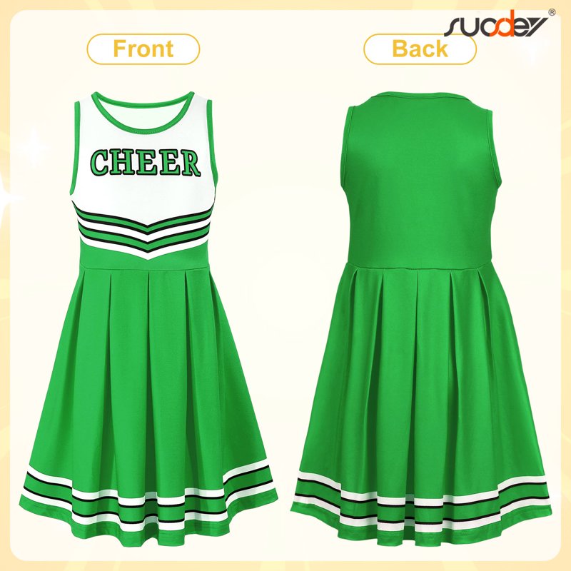 Girls Cheerleader Costume Set - Green, 9-10 Years, Cheerleading Uniform with Accessories