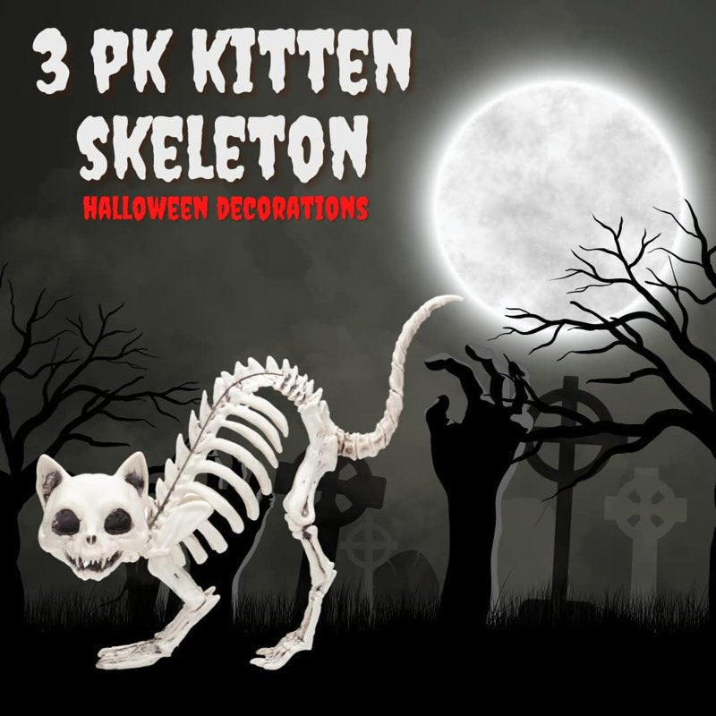 Halloween Kitten Skeleton Decorations 3-Pack - Weather-Resistant Yard Props