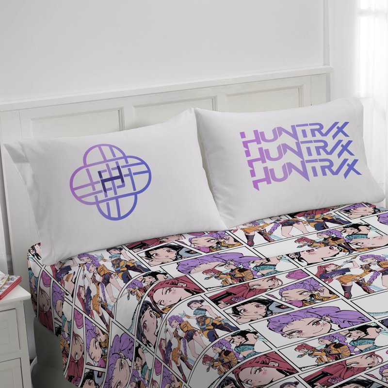 Full Size KPOP Demon Hunters Huntrix Trio Kids Bedding Sheet Set - Multicolor Purple