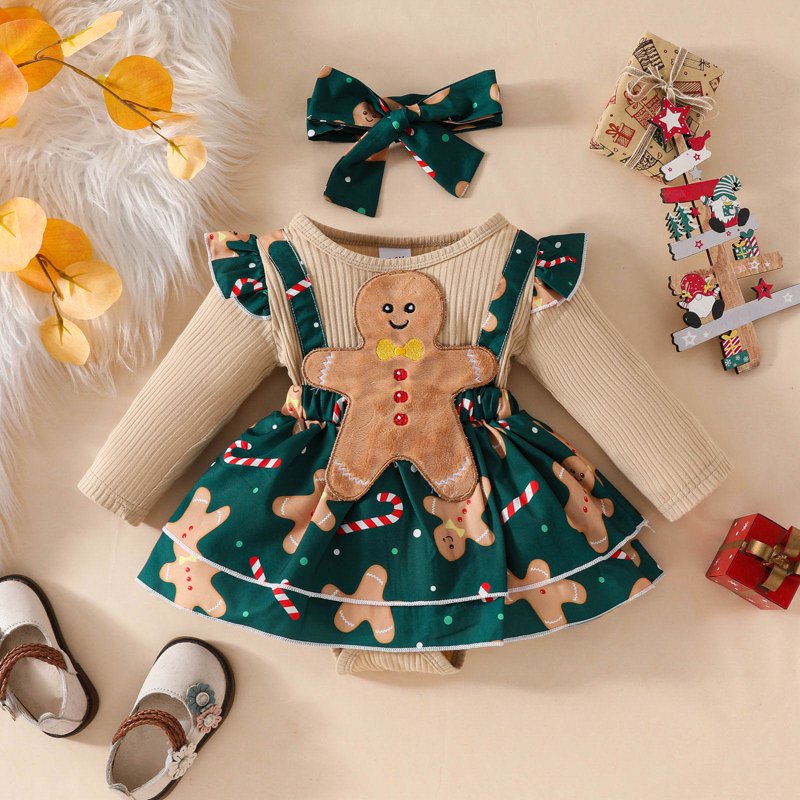 Green Baby Girl Christmas Outfit Set - Long Sleeve Romper & Suspender Dress, 6-9 Months