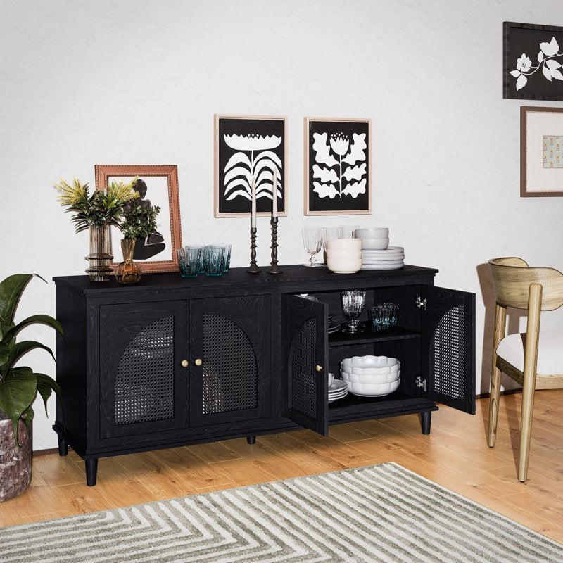 Drew Rattan 4-Door Buffet Cabinet - Black Finish, Adjustable Shelves