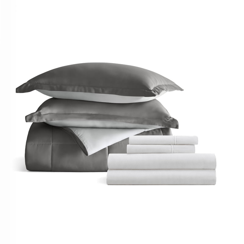 Queen Reversible Comforter and Patterned Sheet Set Bedding Bundle - Gray