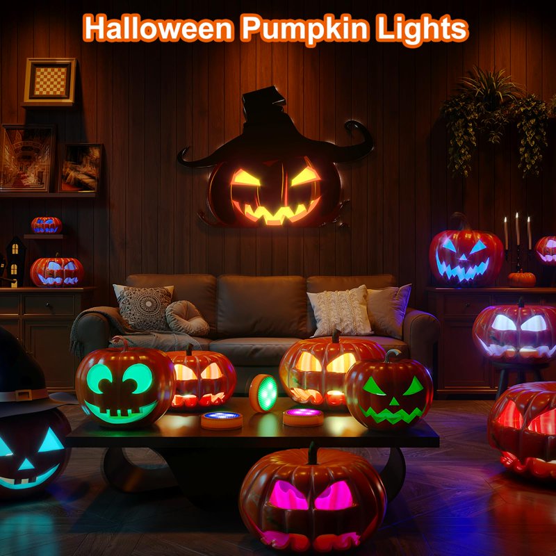 Halloween LED Pumpkin Lights 2-Pack with Remote & Timer - Battery-Operated Jack-O-Lanterns for Spooky Decor