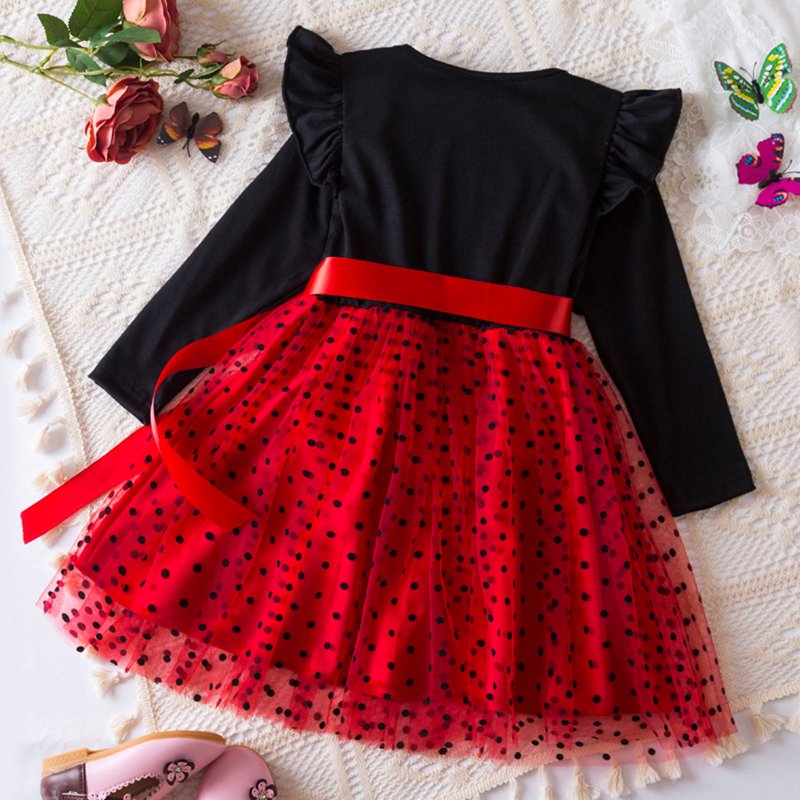 Girls Dress for 4-5 Years - Red Long Sleeve Floral Bowknot Outfit