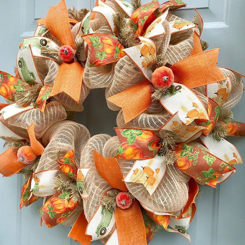 Autumn Pumpkin Wreath for Front Door Fall Decor - 18 Inch Farmhouse Wreath with Bows and Berries - Variation C