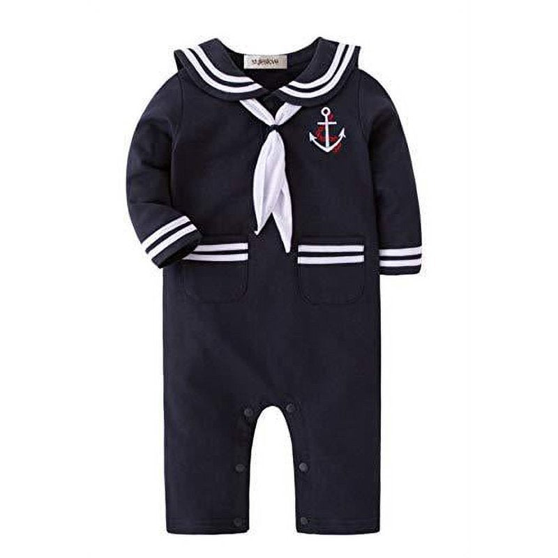 White Baby Boy Marine Sailor Cotton Romper Set with Hat and Necktie - 18-24 Months