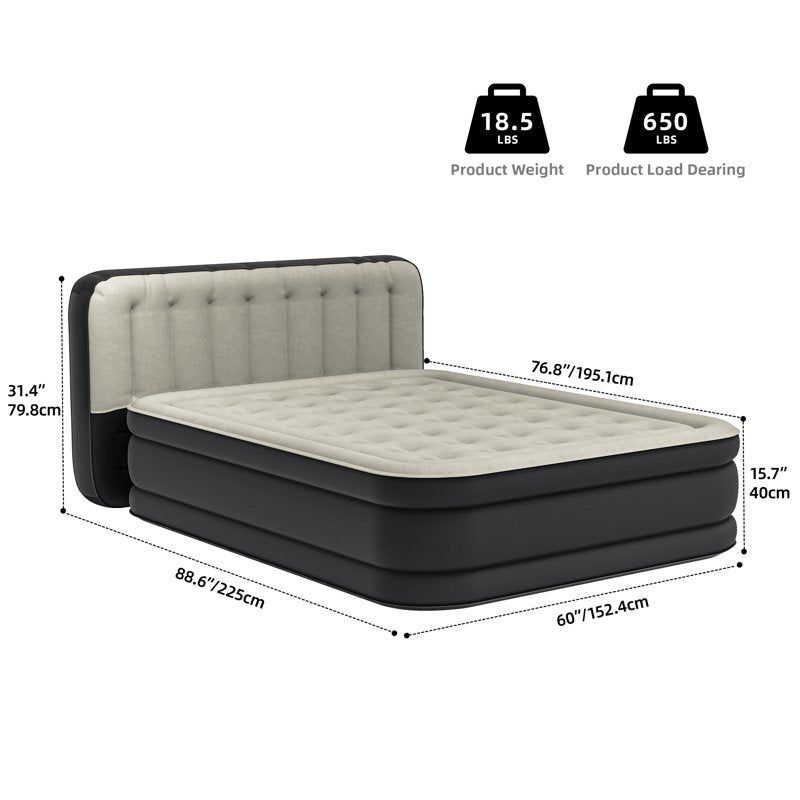 Queen Air Mattress with Built-in Pump and Banded Headboard - Gray - 18 Inch