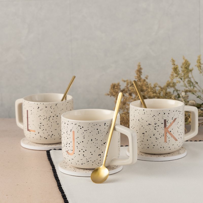 Monogram J Stoneware Coffee Mug Set with Coaster & Stir Spoon - Speckle