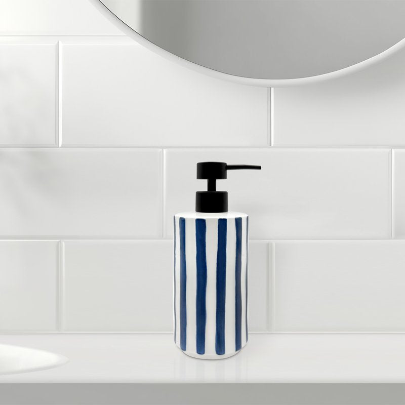 Blue & White Hand Painted Stoneware Soap Pump - Blue Stripe Dispenser with Black Pump