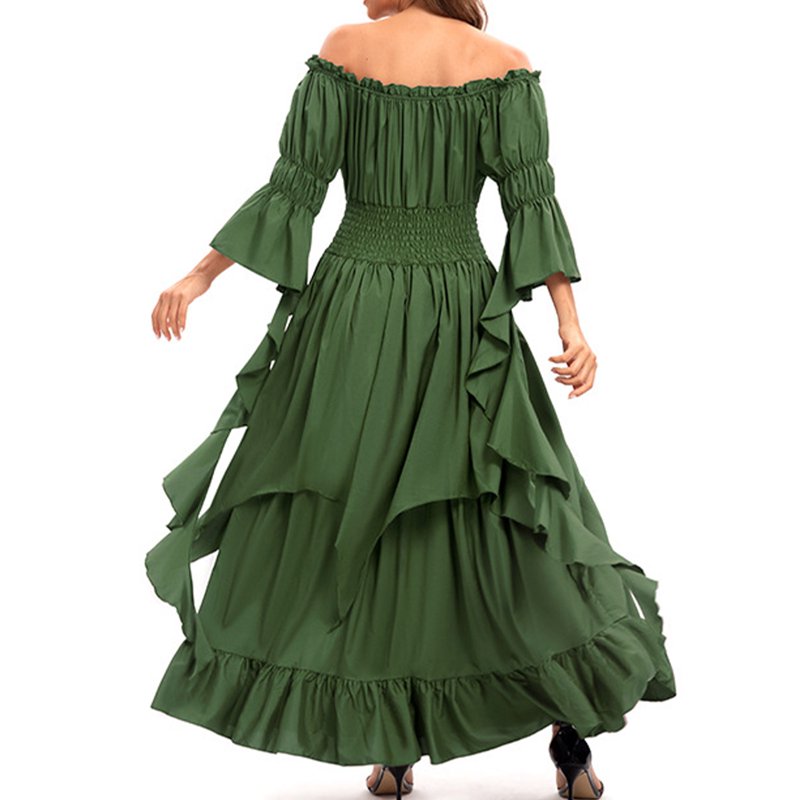 Women's Spring/Summer Renaissance Dress Green S Long Sleeve Round Neck Casual Outfit