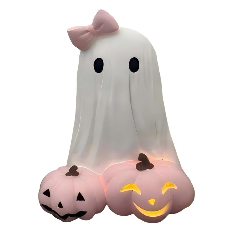 Girls Ghost Night Light Resin Halloween Figurine - White & Pink #361