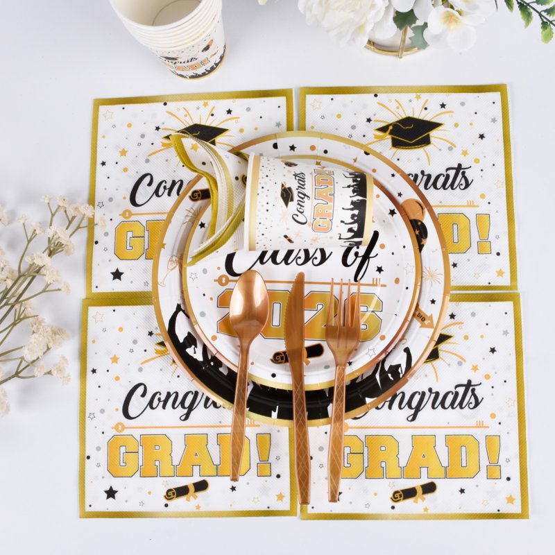 Graduation Plates and Napkins Party Supplies - Class of 2026 Congrats Grad Disposable Tableware Set - White Variation