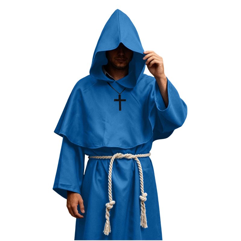 Medieval Monk Costume Set for Halloween Cosplay - Long Sleeve Robe & Belt, Blue, XL (Variation of Halloween Costumes Blue, XL)