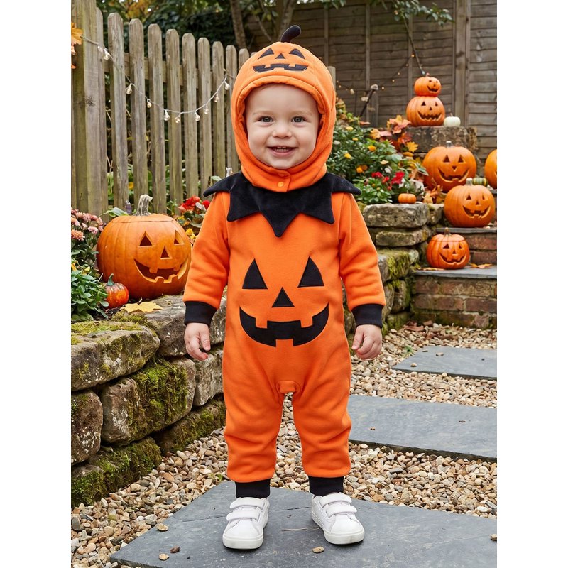 Toddler Baby Pumpkin Costume Set - Unisex 0-6 Months Orange Romper Hat Collar Halloween