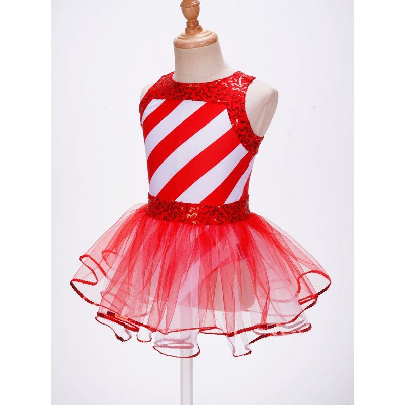 Kids Girls Christmas Sequins Santa Dance Costume Tutu Dress - Size 10 - Red-C