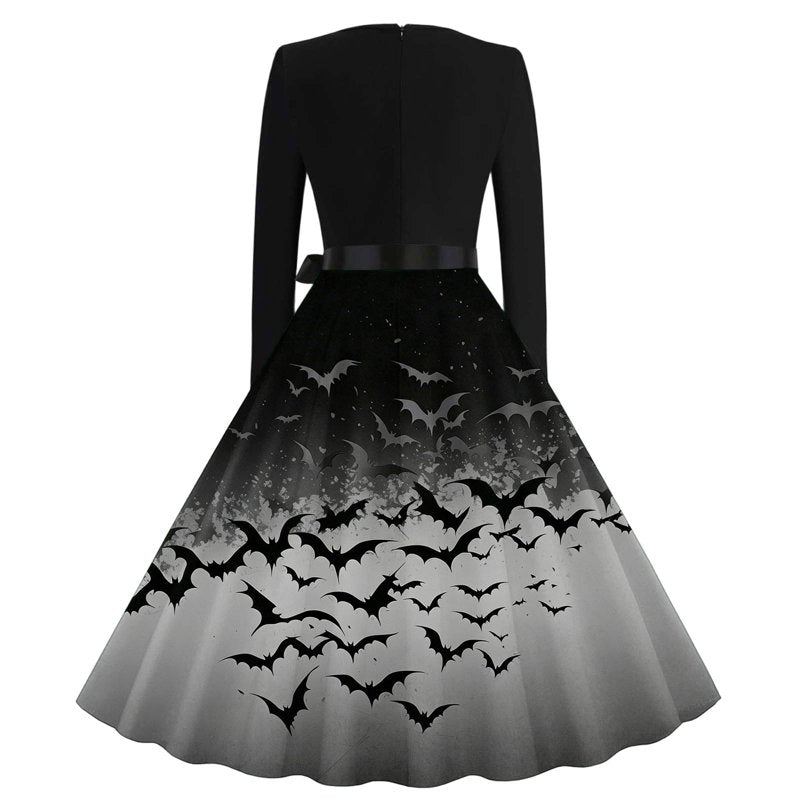 Women's Vintage Halloween Bat Print Swing Dress Gray S - 1950s Retro Gothic Midi