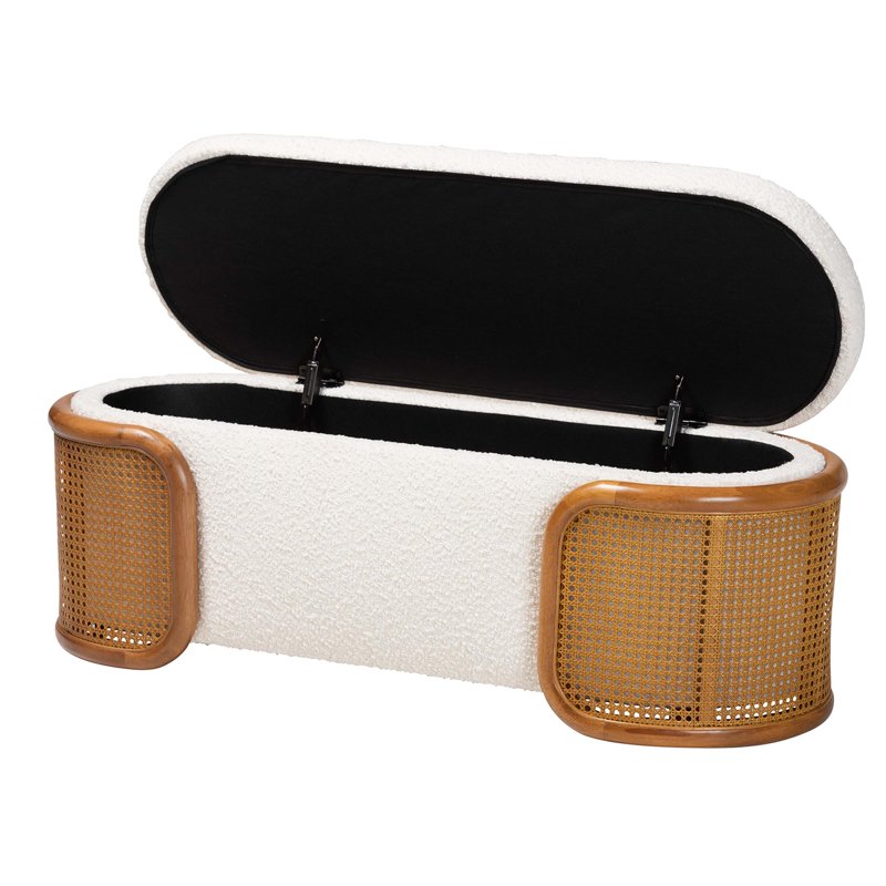 Japandi Storage Bench - Cream Boucle Fabric with Rattan