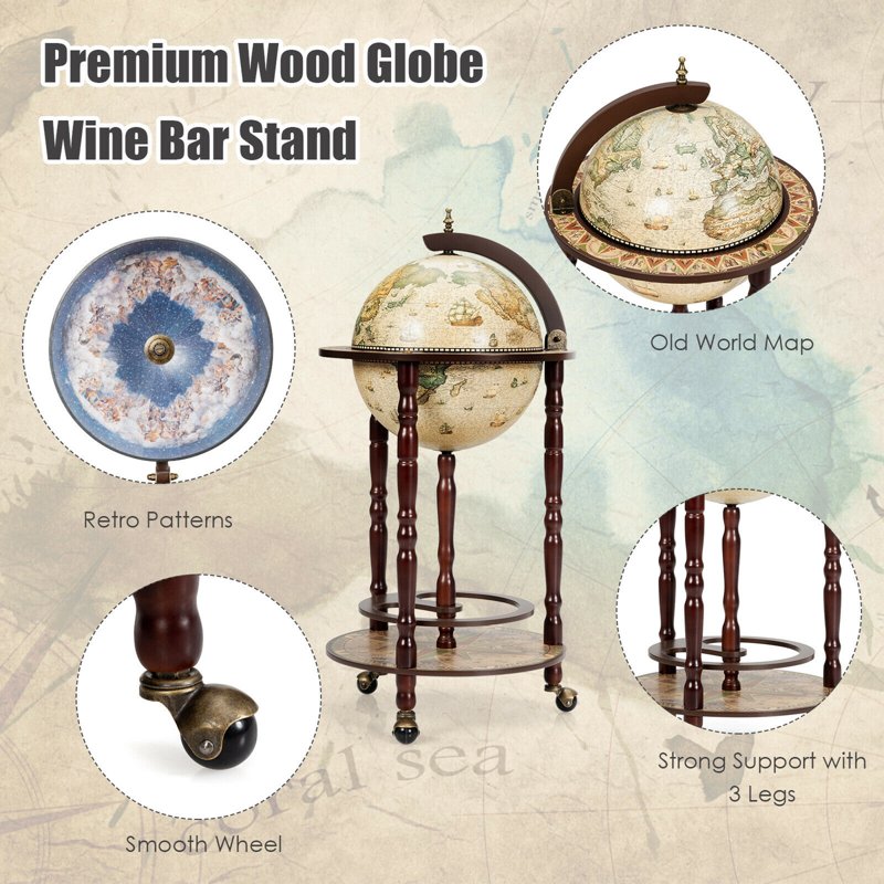 Italian-Style 17'' Wood Globe Wine Rack with Casters