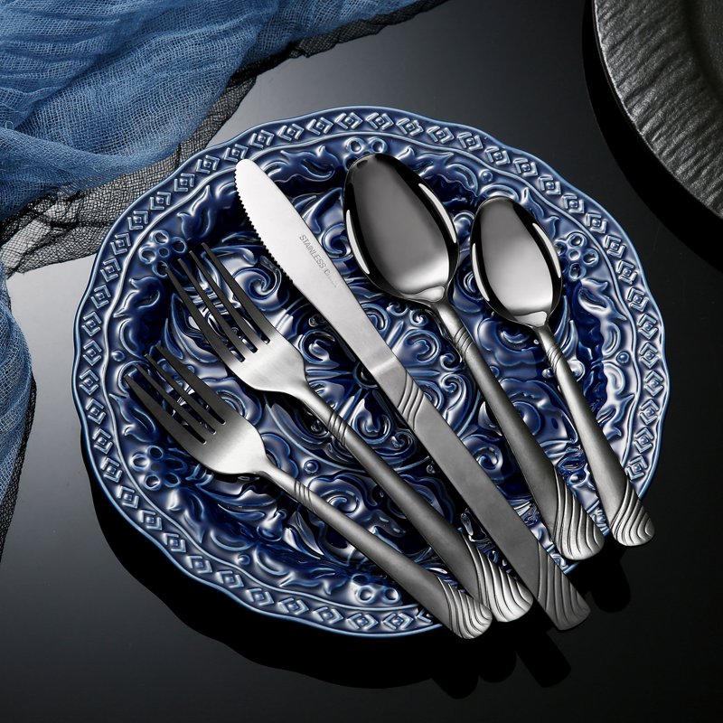 48-Piece Stainless Steel Flatware Set - Black Swirl Design