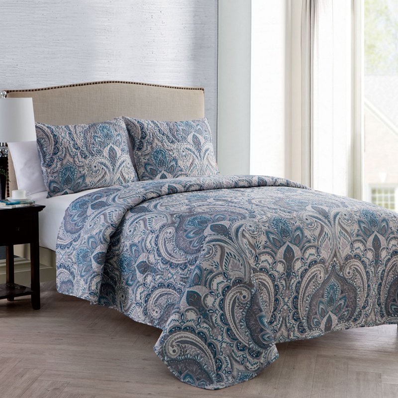 King Damask Quilt Set with Shams - Microfiber Bedding, Blue Beige Grey