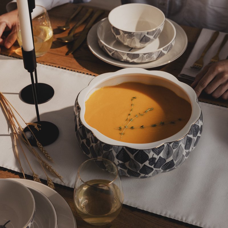 Stoneware Soup Tureen - 4.4 QT, Red Leaf Design