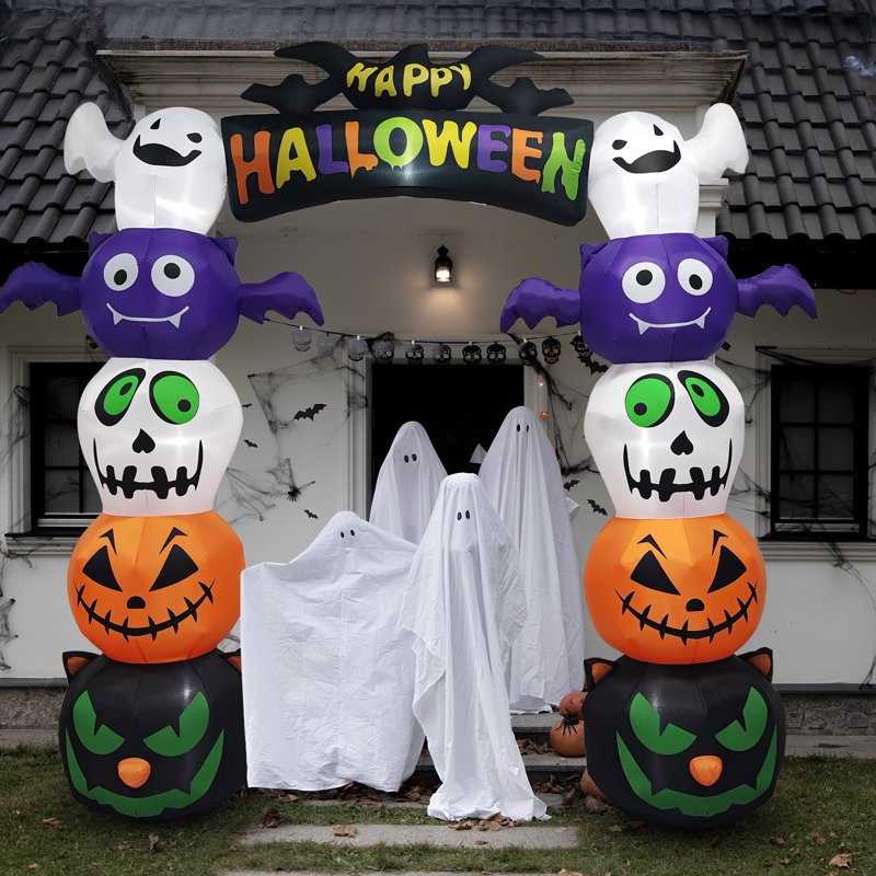 8.5FT Halloween Inflatable Arch with Ghost Pumpkins and Black Cats for Outdoor Decor