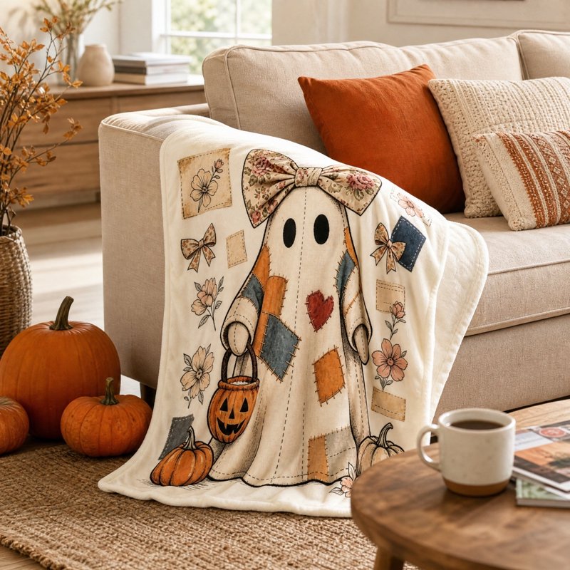 Halloween Ghost Patchwork Fleece Throw Blanket with Pumpkin & Floral Bow - Variation H