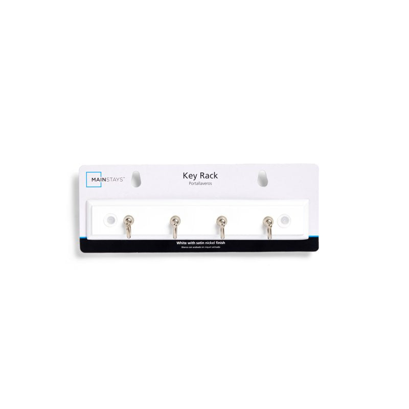 4 Pack Wall-Mounted Key Rail with Satin Nickel Hooks - White, 8.75 Inch - Includes Hardware