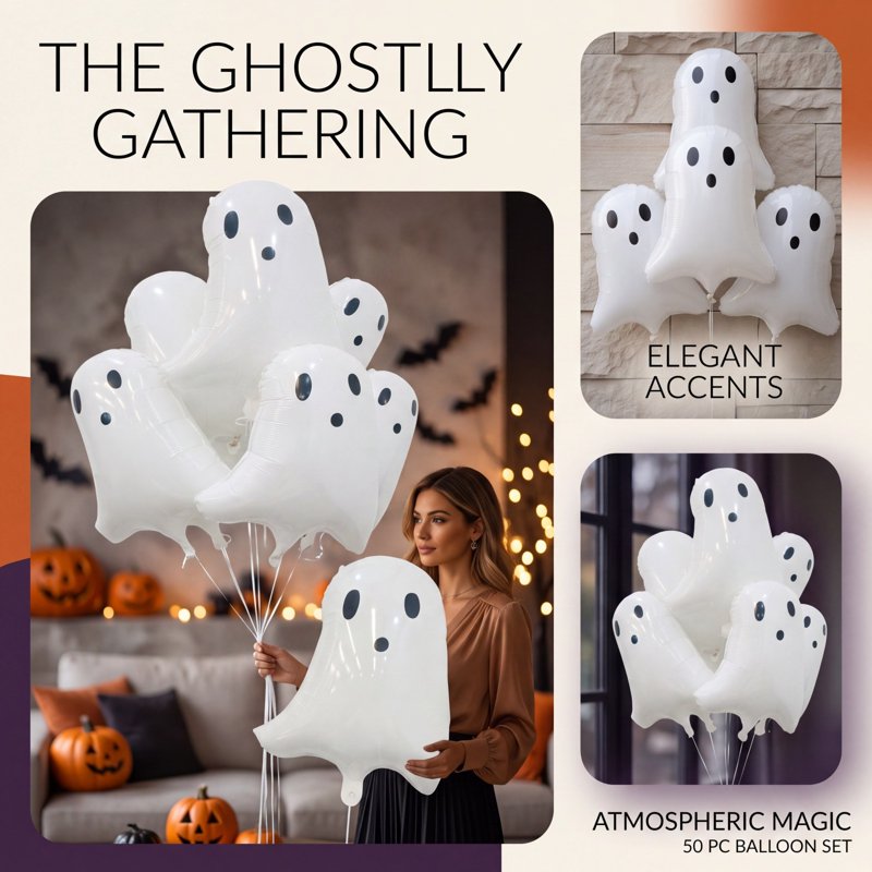 Halloween Ghost Balloons Set of 50 - White Latex Party Decorations for Spooky Celebrations