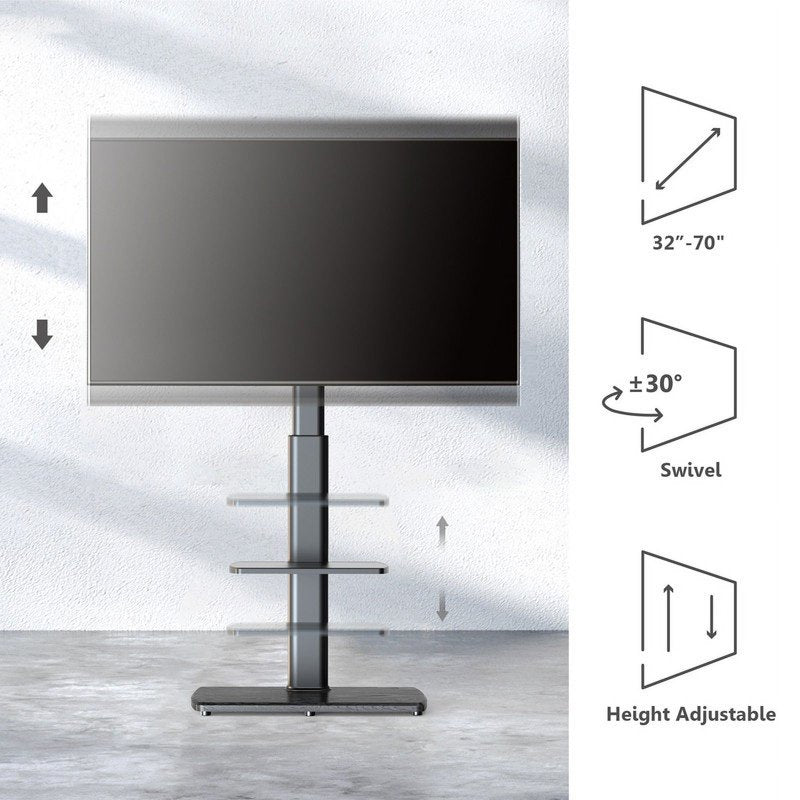 Universal Floor TV Stand for 32-70 Inch TVs - Adjustable Height, Swivel Mount, Sturdy Wood Base