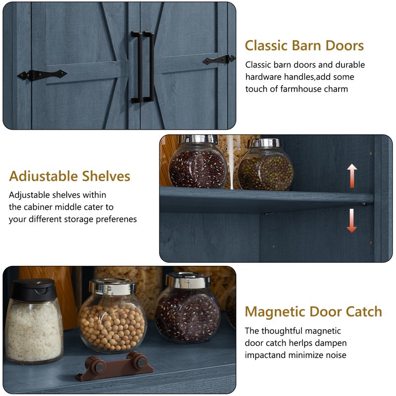 72" Farmhouse Kitchen Pantry Cabinet with Barn Doors - Blue