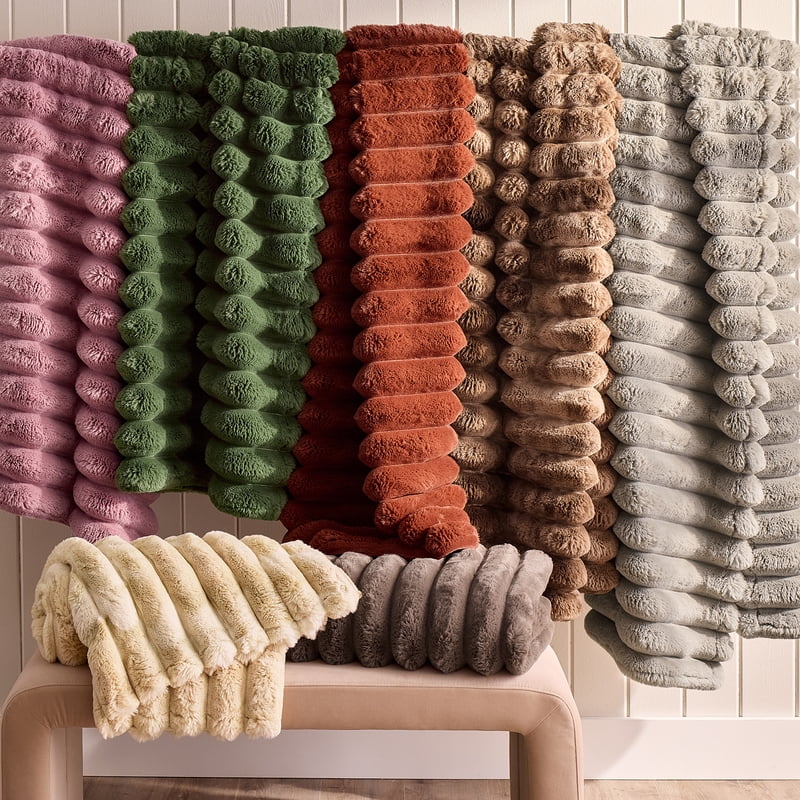 Reversible Faux Fur & Micromink Throw Blanket - Channel Pattern, 50 x 72 in - Channel Brown Basket