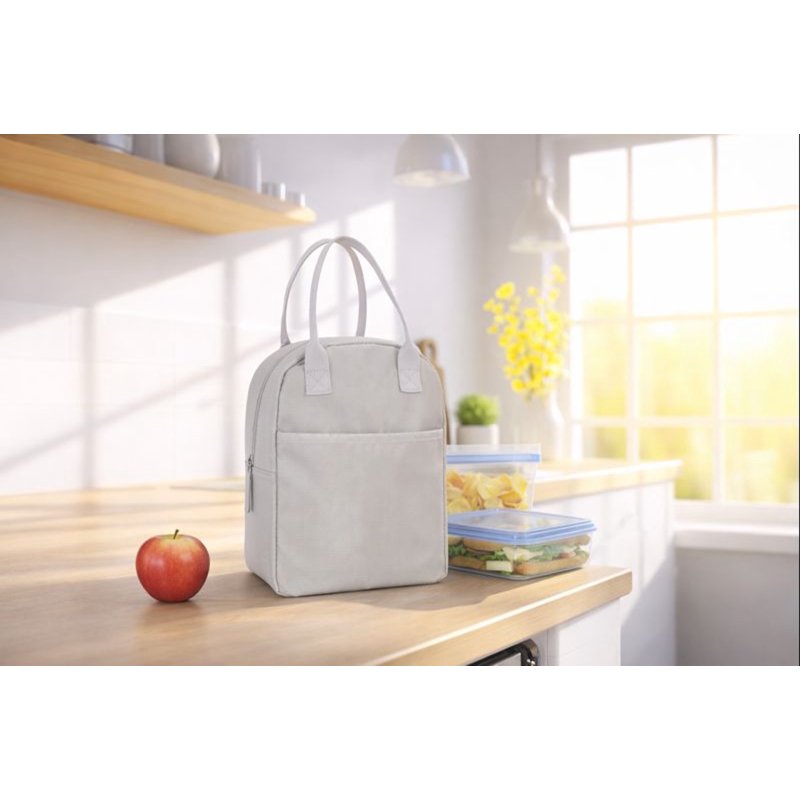 Reusable Polyester Lunch Bag - Washed Stone, Zippered Compartment