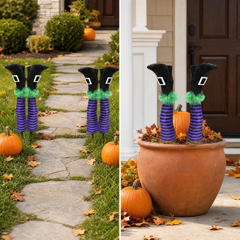 Halloween Witch Leg Yard Stakes with Purple Black Striped Stockings - Outdoor Garden Decor - Set of 2 - Glitter Finish (Variation: Purple)