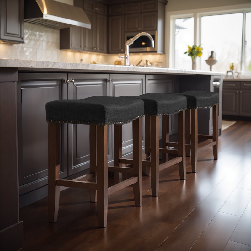 29" Backless Bar Stool Set of 2 - Wood Upholstered Saddle - Black