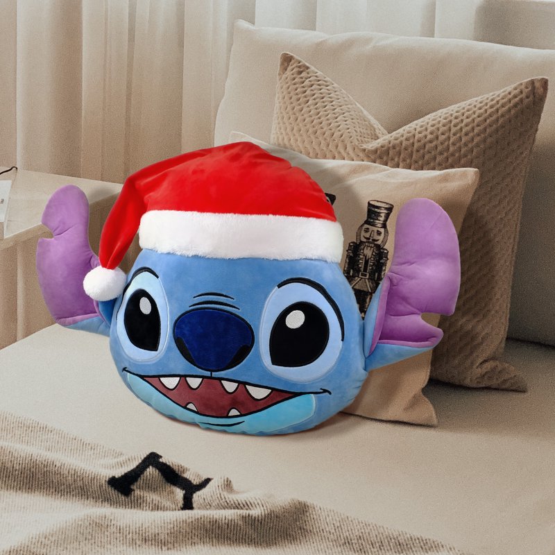 Holiday Pillow with Stitch in Santa Hat - 16-Inch Round Blue Decorative Cushion - Variation: Stitch