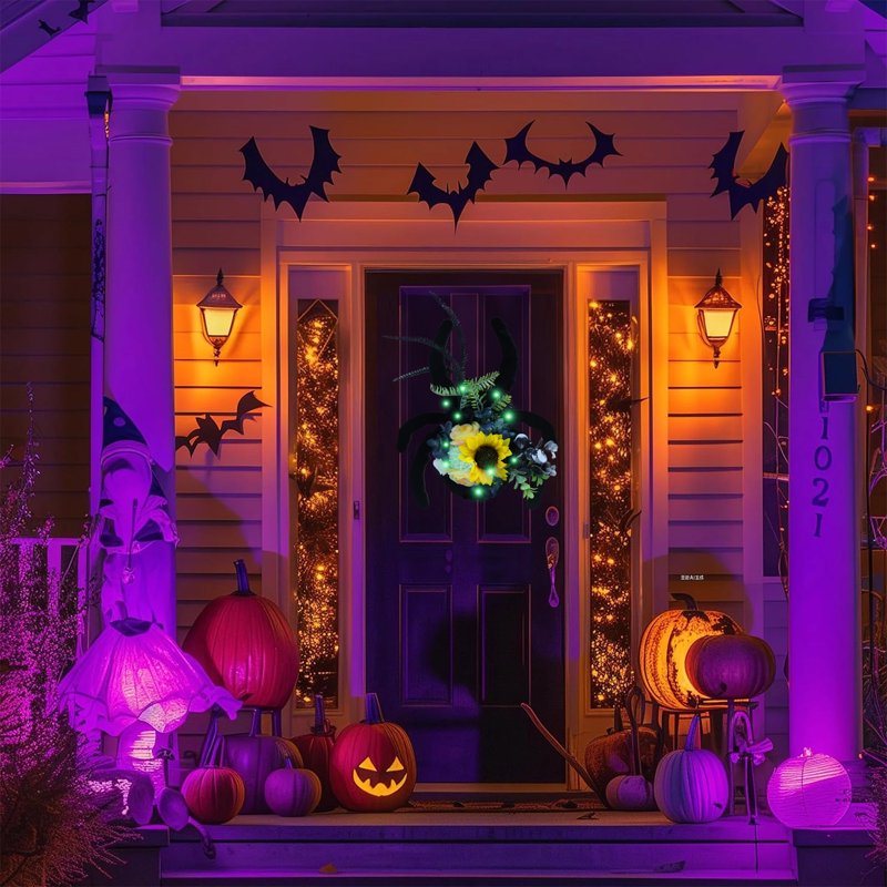 Halloween Spider Wreath with Lights for Front Door - 30cm Artificial Floral Decor