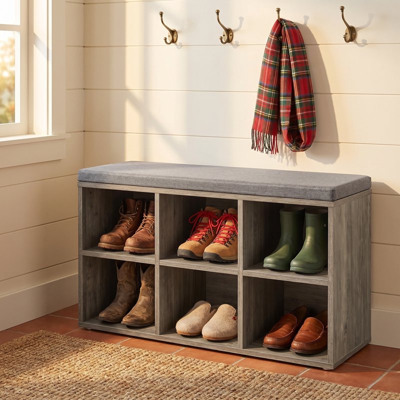 Greige Shoe Storage Bench with Padded Seat & Adjustable Shelves