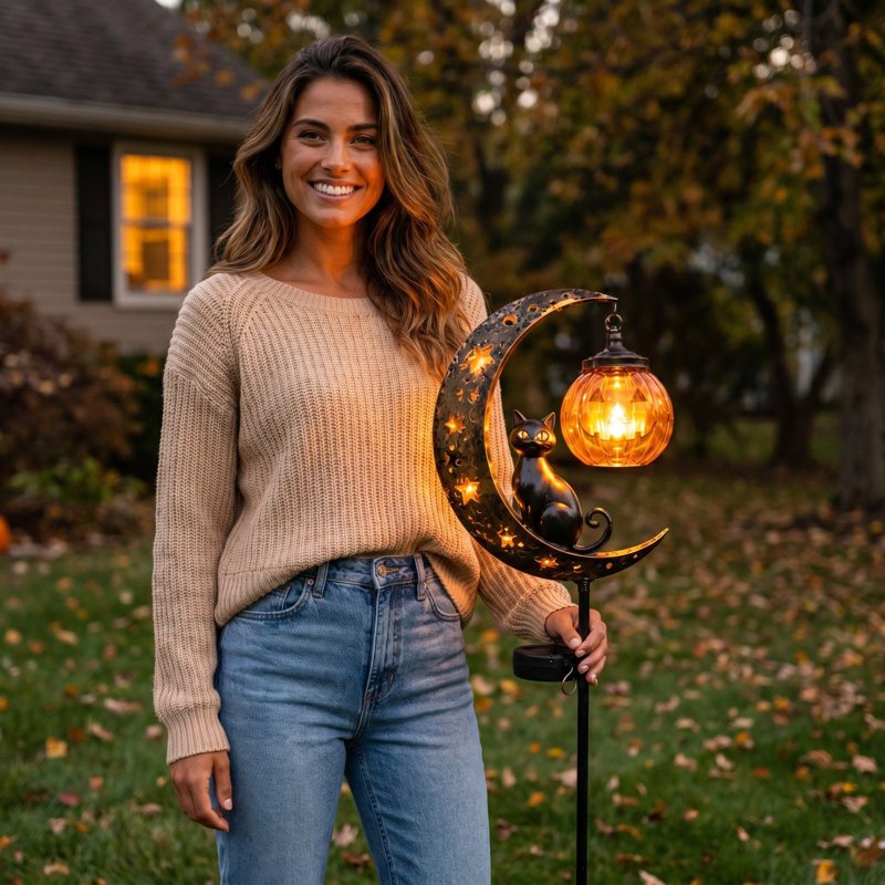 Halloween Solar Garden Stake Light Metal Crescent with Pumpkin & Cat C