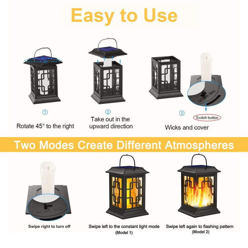 Outdoor Solar Lanterns with Flickering Flame Effect - Waterproof Hanging Lanterns for Garden Patio Yard - 2 Pack