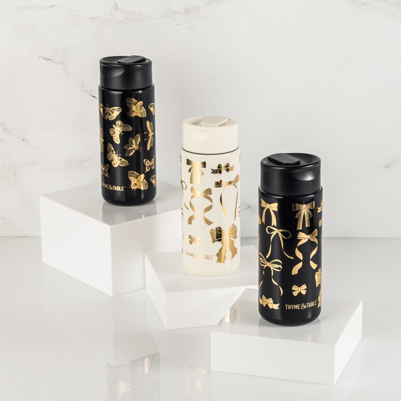 22oz Double Wall Insulated Stainless Steel Coffee Tumbler - Black & Gold Bows
