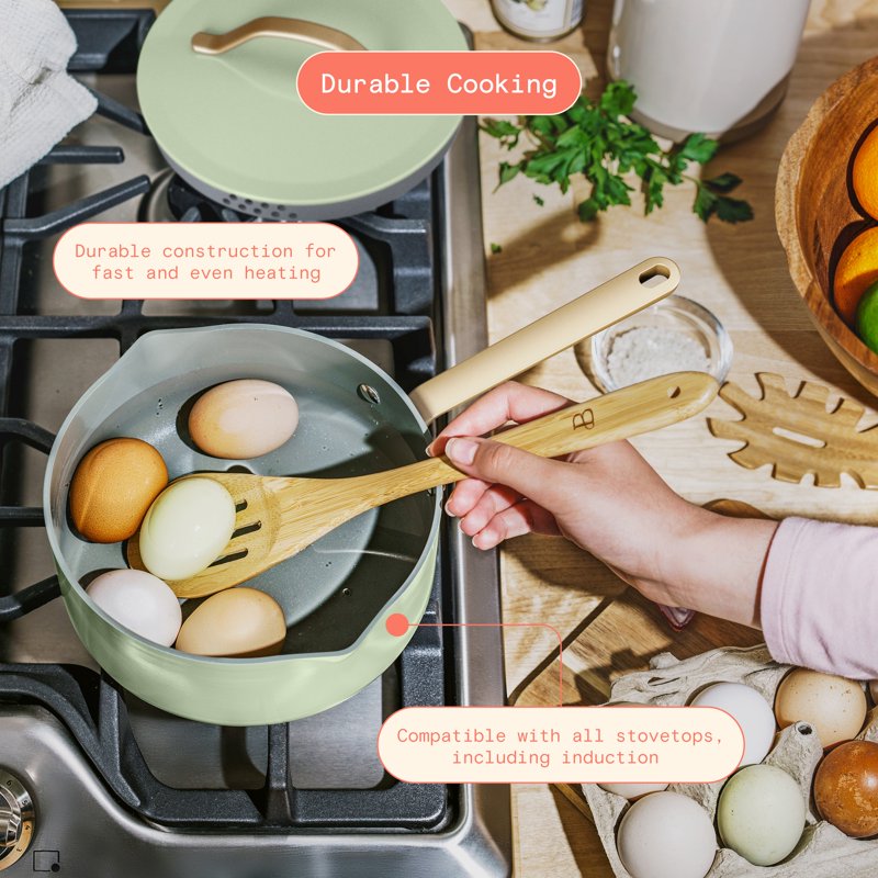 12-Piece Ceramic Nonstick Cookware Set with Strainer Lids - Sage Green