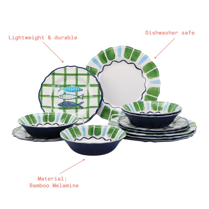 12-Piece Bamboo Melamine Dinnerware Set - Multi-Color Sardine Pattern