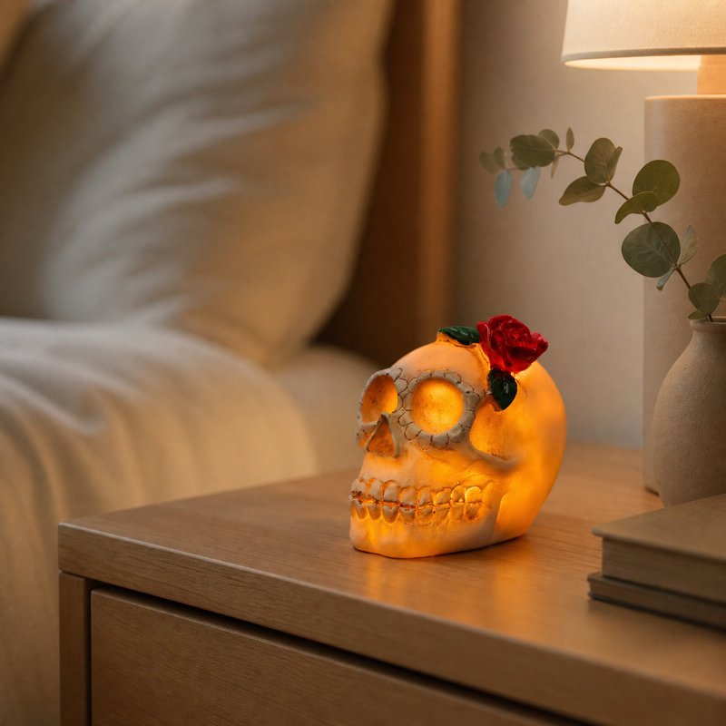 Halloween Skull Rose Lamp - Gothic Resin Nightlight with Warm Candle Glow - Variation #359B