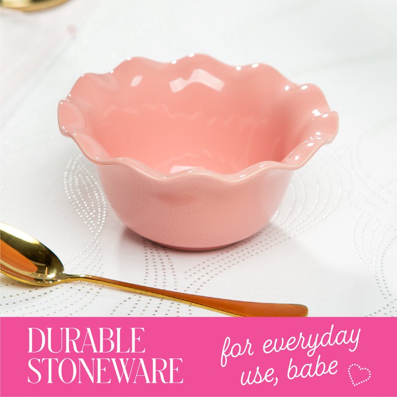 Ceramic Soup Bowl - 6.25-Inch Rose Pink with Scalloped Ruffle Rim